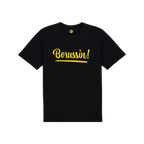 Schwarzes T-Shirt für Kinder im BVB-Design mit gelbem 'Borussin!'-Schriftzug auf der Vorderseite, ideal für kleine Borussia Dortmund Fans.