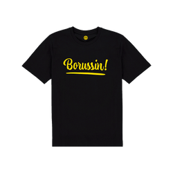 Camiseta negra para niños con el diseño del BVB y la inscripción «Borussin!» en amarillo en la parte delantera, ideal para los pequeños aficionados del Borussia Dortmund.