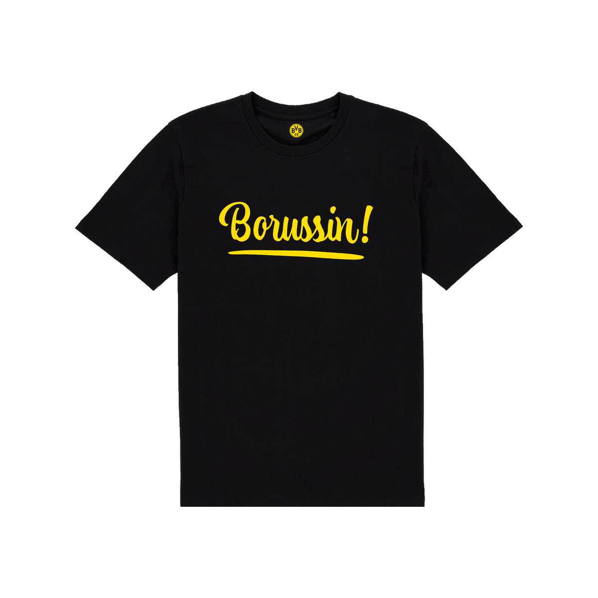 这款儿童黑色T恤采用多特蒙德（BVB）设计，正面印有黄色“Borussin!”字样，是多特蒙德小球迷的理想之选。