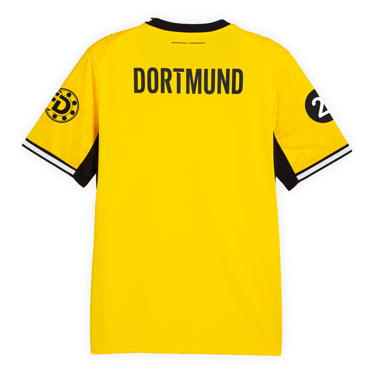 Das BVB-Heimtrikot 26-27 für Frauen in schwarzgelber Farbkombination, Rückansicht mit DORTMUND-Aufdruck. Ideal für Fans von Borussia Dortmund.