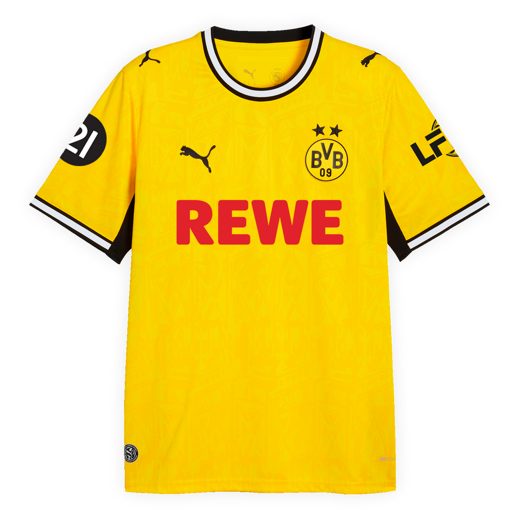 La maglia da casa del BVB per la stagione calcistica femminile 26/27, nei colori nero e giallo, presenta lo stemma del BVB, il logo REWE e dettagli PUMA neri.