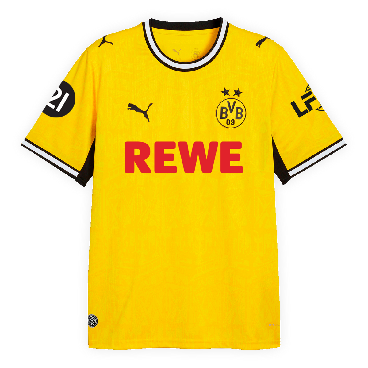 Das BVB-Heimtrikot der Frauenfußball-Saison 26/27 in schwarzgelb zeigt das BVB-Emblem, das REWE-Logo und schwarze PUMA-Akzente.