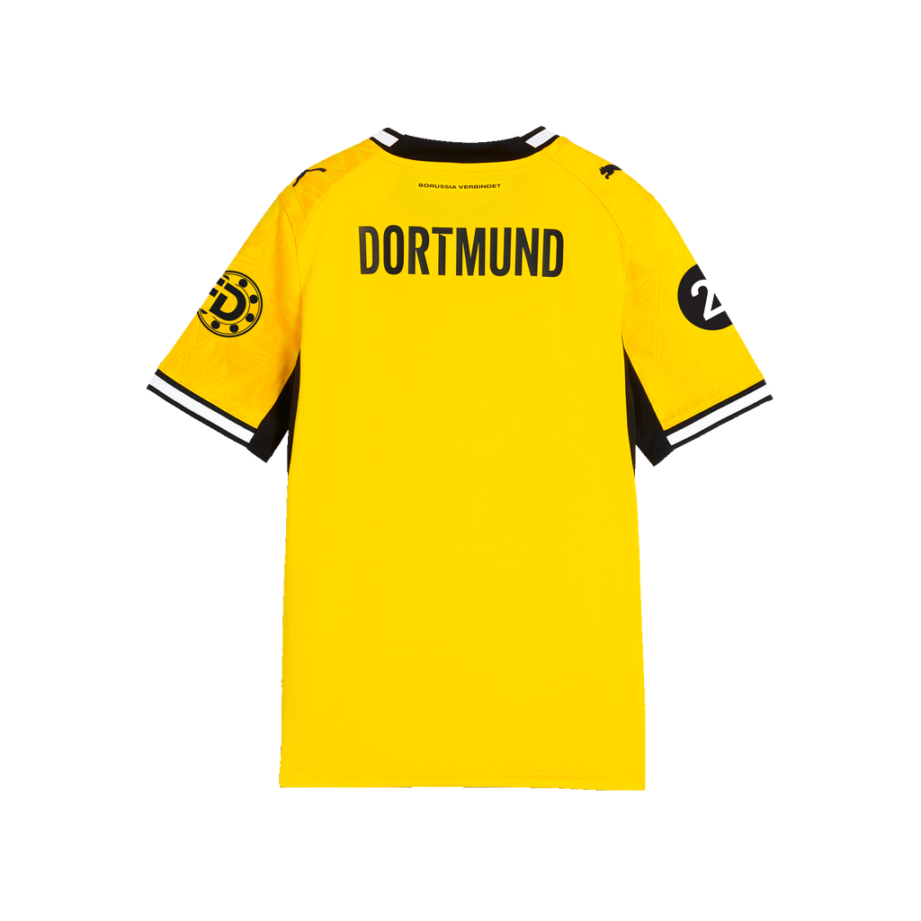 A view of the back of the yellow BVB 26-27 home jersey for kids and women's soccer from the 26-27 season, featuring "DORTMUND" lettering on the back, black accents, and logos on both sleeves.
