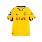 Front view of the BVB 26-27 home jersey for girls' soccer in black and yellow, featuring the REWE logo, the PUMA cat, and the BVB emblem.