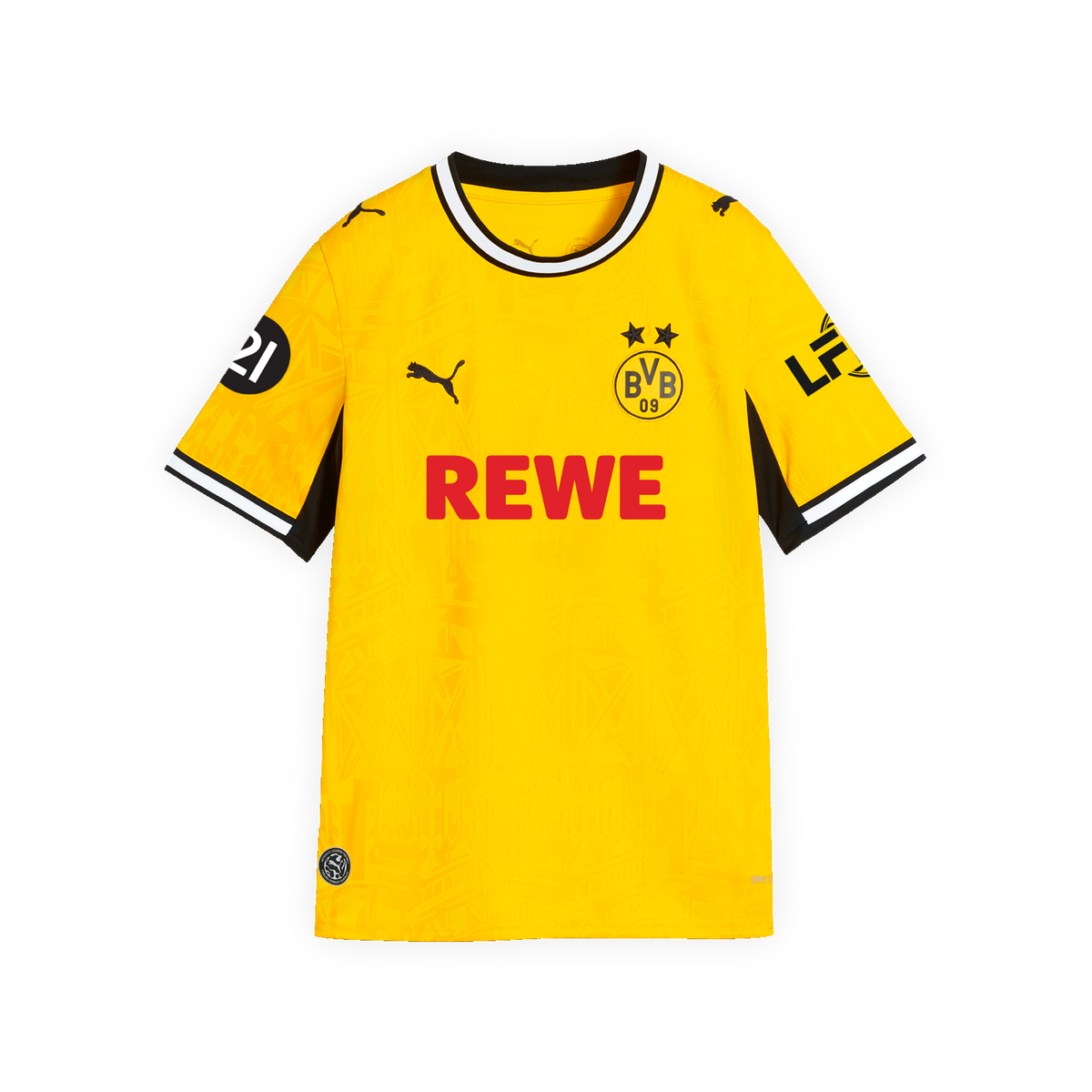 Vorderansicht des BVB Heimtrikots 26-27 für Kinder im Frauenfußball in schwarzgelb mit REWE-Logo, PUMA-Katze und BVB-Emblem.