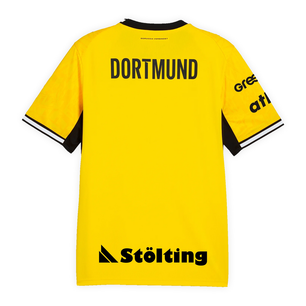 La camiseta de local del BVB de balonmano para la temporada 26-27, en negro y amarillo, lleva la inscripción «DORTMUND» en la espalda. Diseñada con los colores típicos del club.