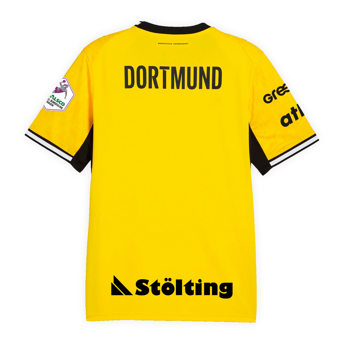 Camiseta amarilla del BVB para los partidos en casa de la temporada de balonmano 26/27, vista desde atrás, con el texto «DORTMUND» en negro y cuello negro.