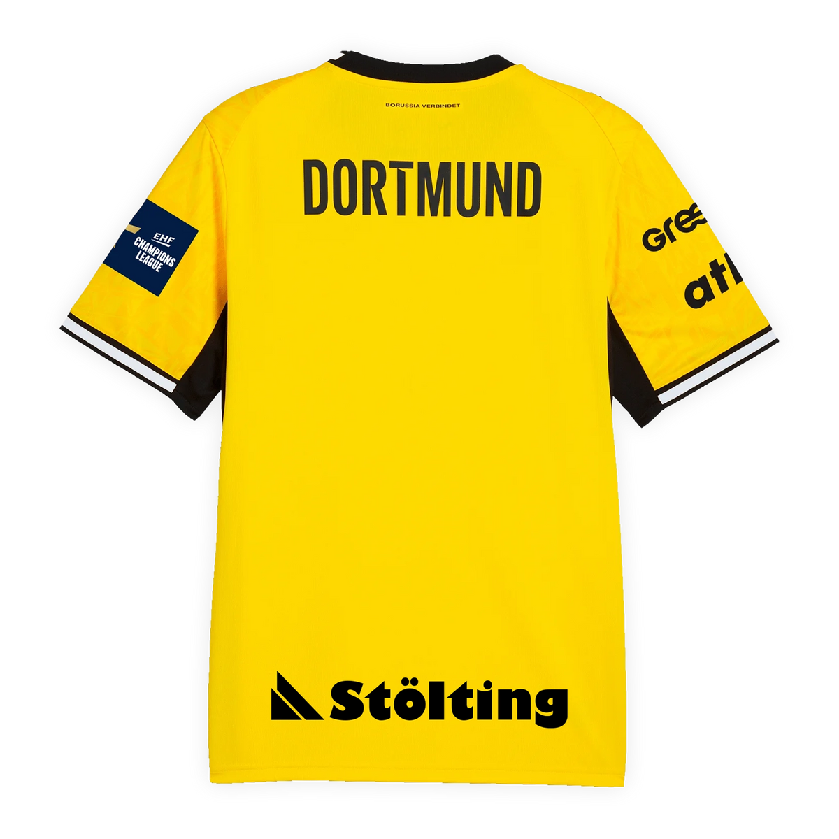 Vista trasera de la camiseta de local de la colección de balonmano 26-27 del Borussia Dortmund, en color amarillo con cuello negro y la inscripción «DORTMUND».