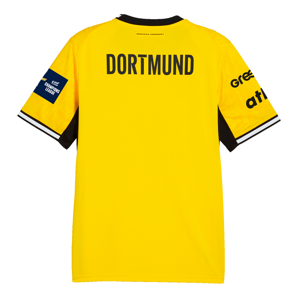 Rückansicht des Heimtrikots der Handball-Kollektion 26-27 von Borussia Dortmund in gelb mit schwarzem Kragen und Schriftzug 'DORTMUND'.
