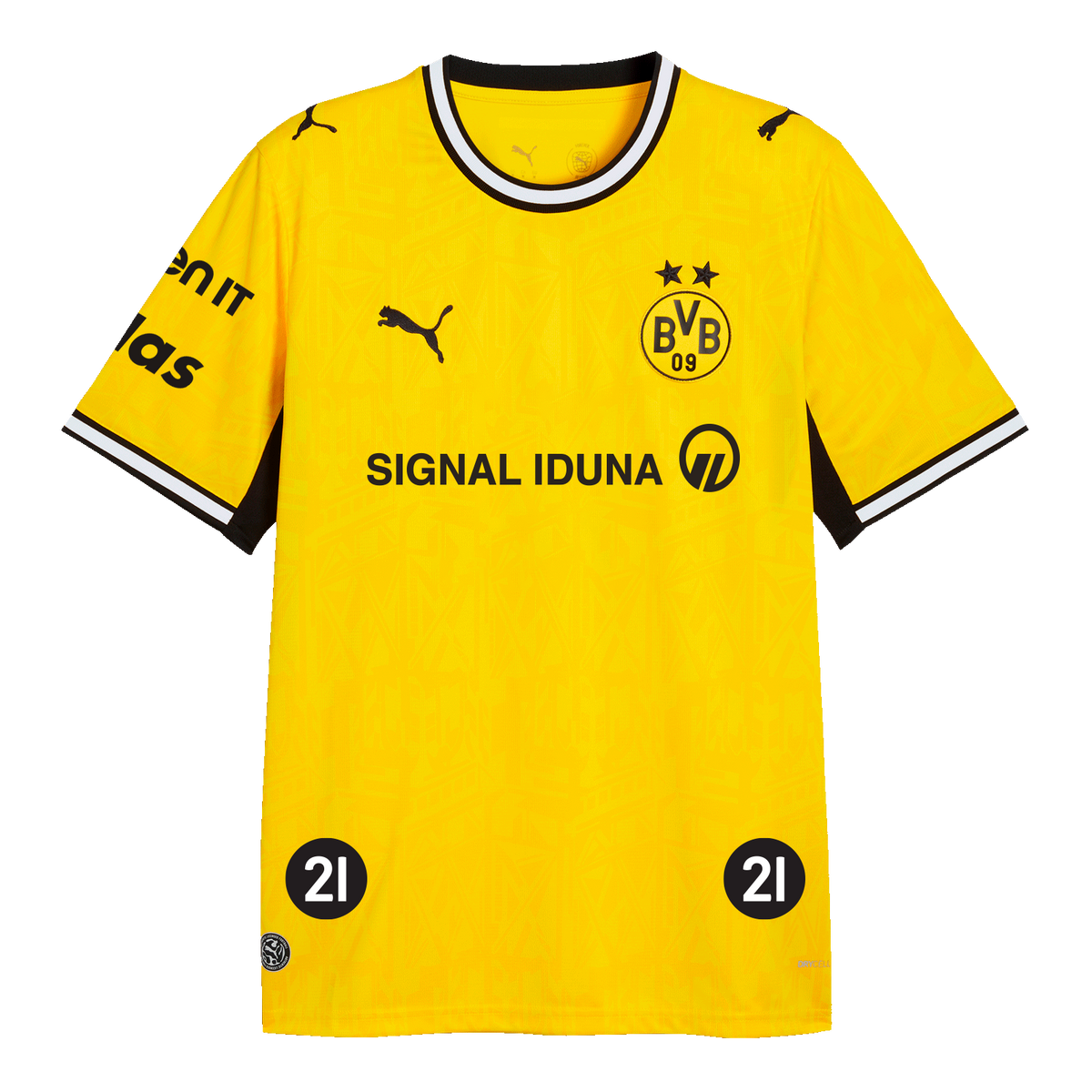 Das BVB-Heimtrikot 26-27 für Handball in gelbschwarzem Design mit BVB-Emblem, SIGNAL IDUNA Logo und PUMA-Katze auf der Vorderseite, Vorderansicht.