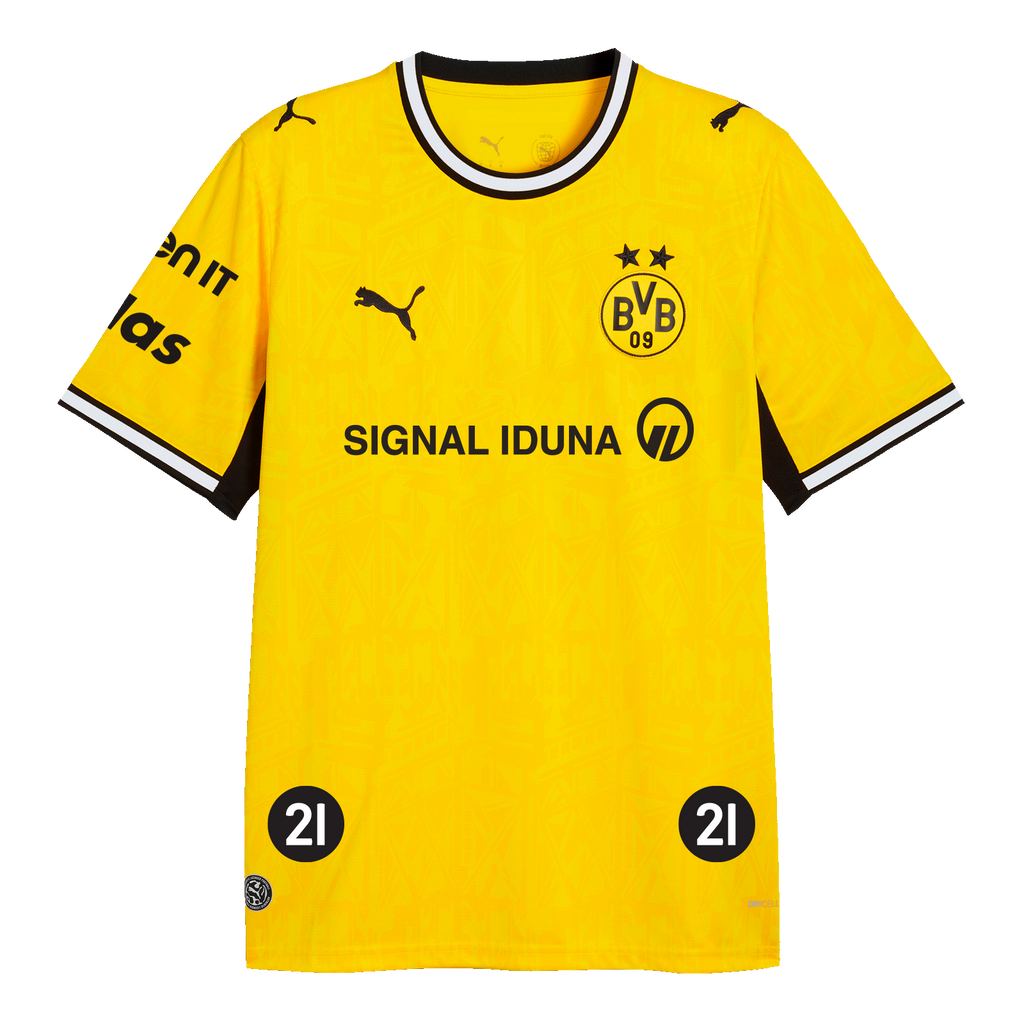 La camiseta local del BVB para la temporada 26-27 de balonmano, con diseño en amarillo y negro, el escudo del BVB, el logotipo de SIGNAL IDUNA y el gato de PUMA en la parte delantera; vista frontal.
