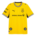 La camiseta local del BVB para la temporada 26-27 de balonmano, con diseño en amarillo y negro, el escudo del BVB, el logotipo de SIGNAL IDUNA y el gato de PUMA en la parte delantera; vista frontal.