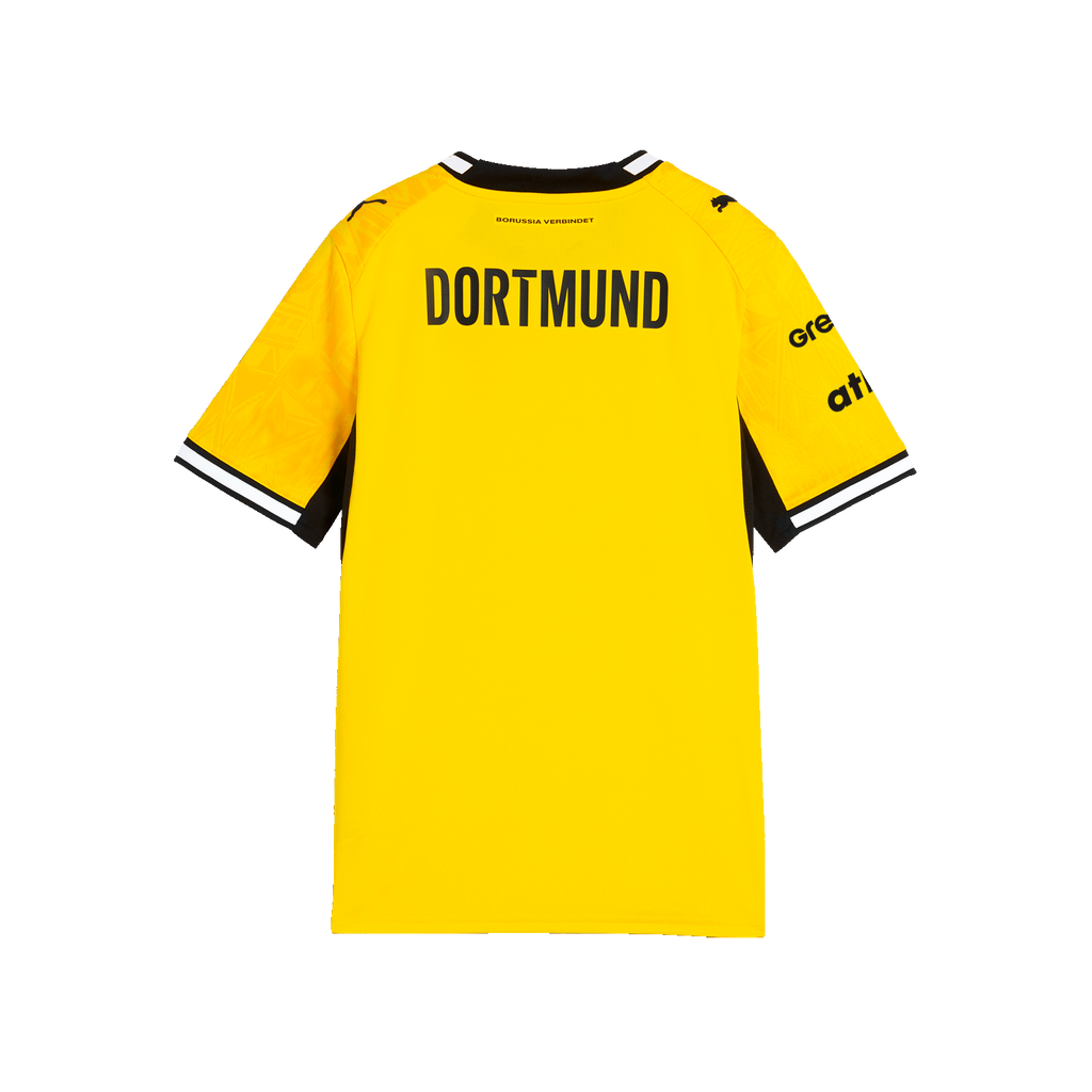 Vista posteriore della maglia gialla da casa del BVB della stagione 2026/27 per bambini, con la scritta “DORTMUND” in nero e dettagli neri.