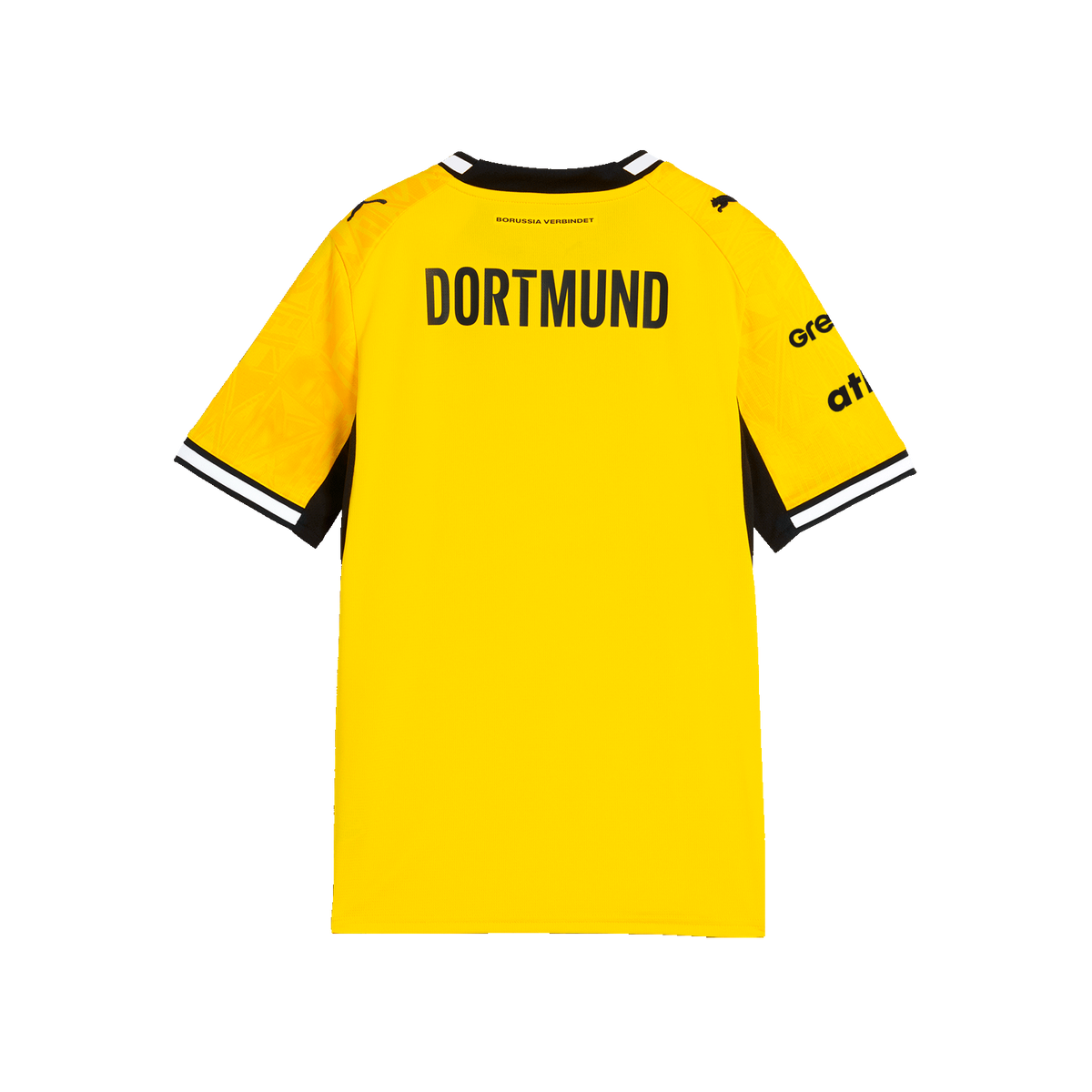 Rückansicht des gelben BVB-Heimtrikots der Saison 2026/27 für Kinder mit schwarzem DORTMUND-Schriftzug und schwarzen Details.