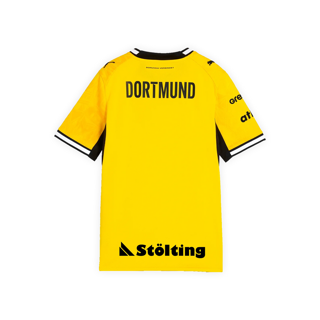 Vue arrière du maillot jaune domicile du BVB de la saison 2026/27 pour enfants, avec l'inscription « DORTMUND » en noir et des détails noirs.