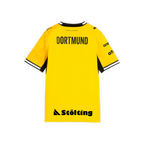 Vue arrière du maillot jaune domicile du BVB de la saison 2026/27 pour enfants, avec l'inscription « DORTMUND » en noir et des détails noirs.