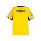 Maglia da casa gialla della stagione 2026/27 per bambini, vista posteriore, con la scritta "DORTMUND", maniche nere, logo BVB e loghi degli sponsor.