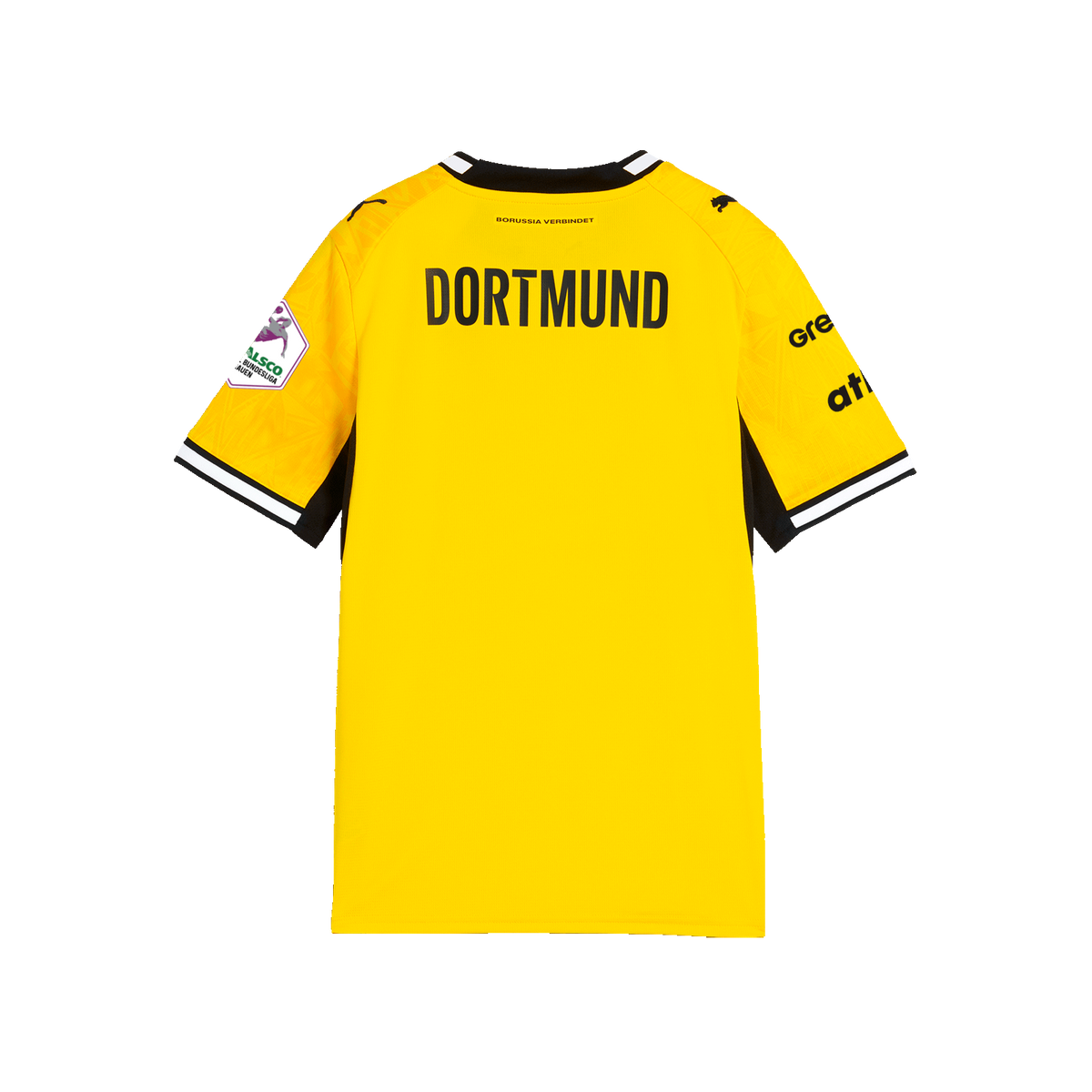 Maglia da casa gialla della stagione 2026/27 per bambini, vista posteriore, con la scritta "DORTMUND", maniche nere, logo BVB e loghi degli sponsor.