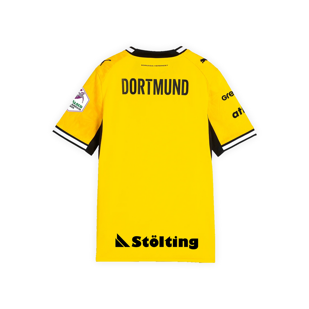 Maillot domicile jaune de la saison 2026/27 pour enfants, vue de dos, avec l'inscription « DORTMUND », des manches noires, le logo du BVB et les logos des sponsors.