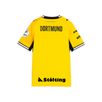 Maillot domicile jaune de la saison 2026/27 pour enfants, vue de dos, avec l'inscription « DORTMUND », des manches noires, le logo du BVB et les logos des sponsors.