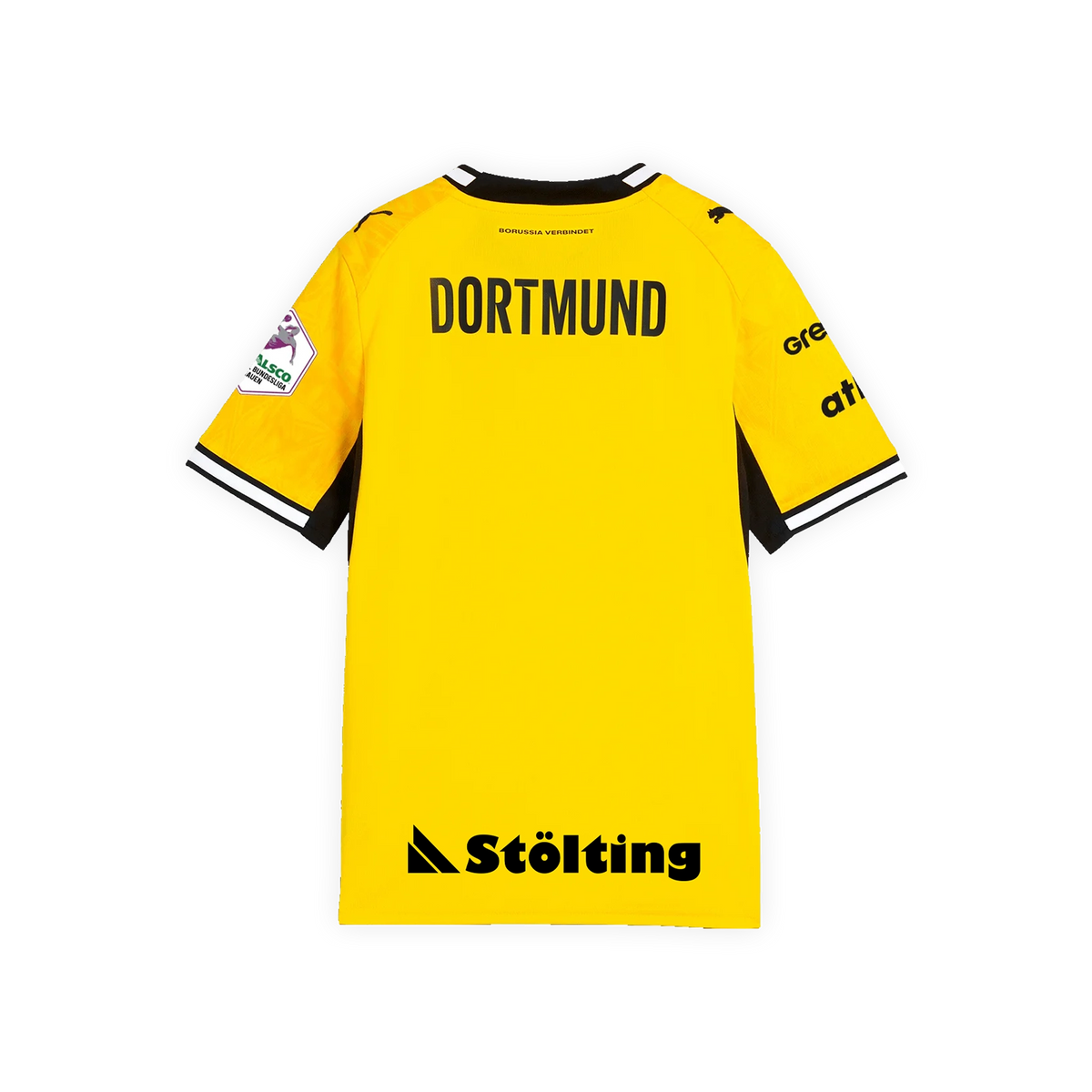 Maillot domicile jaune de la saison 2026/27 pour enfants, vue de dos, avec l'inscription « DORTMUND », des manches noires, le logo du BVB et les logos des sponsors.