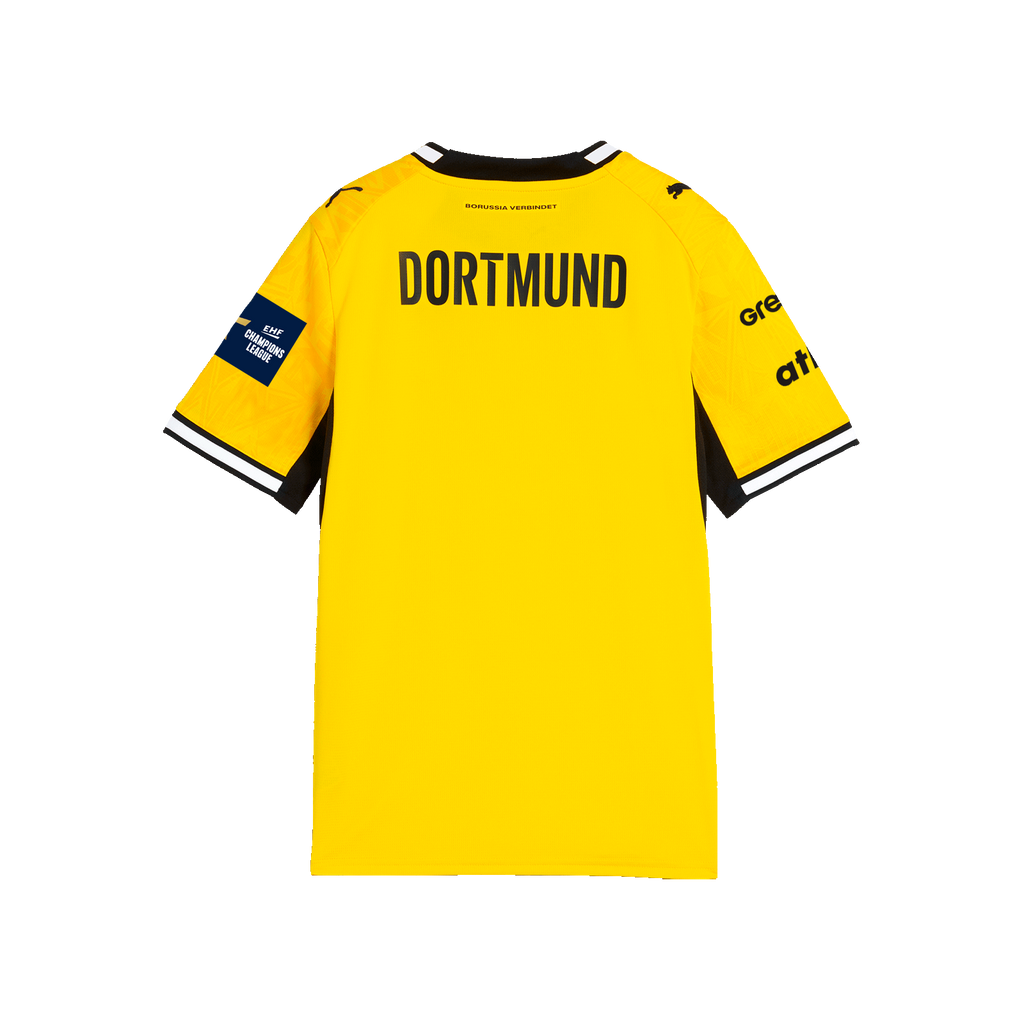 La maglia gialla da casa del BVB 2026/2027 per bambini vista da dietro, con dettagli neri, la scritta “DORTMUND” e la toppa della Champions League.
