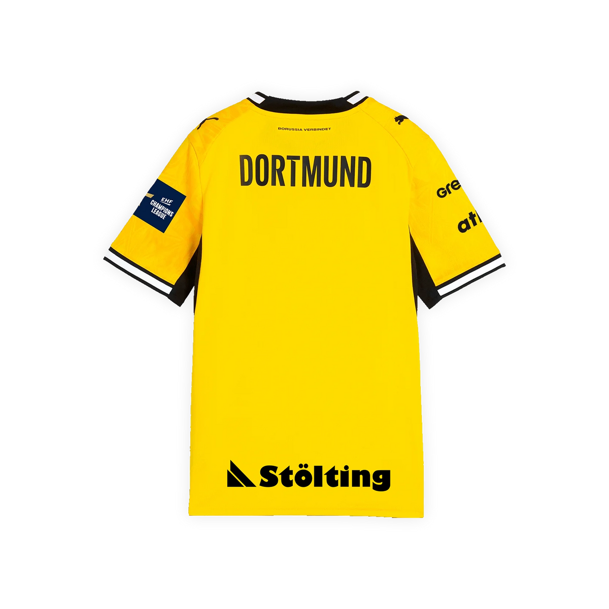 Le maillot domicile jaune du BVB 2026/2027 pour enfants, vu de dos, avec des détails noirs, l'inscription « DORTMUND » et l'écusson de la Ligue des champions.