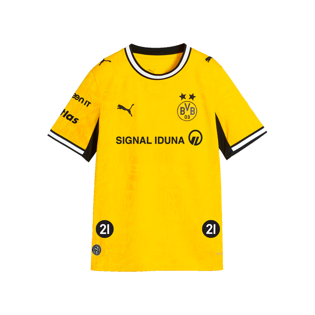 Maglia da casa gialla del BVB per bambini della stagione 26-27 con dettagli in bianco e nero, stemma del BVB, scritta "SIGNAL IDUNA" e logo PUMA sul davanti; vista frontale.
