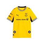 Maglia da casa gialla del BVB per bambini della stagione 26-27 con dettagli in bianco e nero, stemma del BVB, scritta "SIGNAL IDUNA" e logo PUMA sul davanti; vista frontale.
