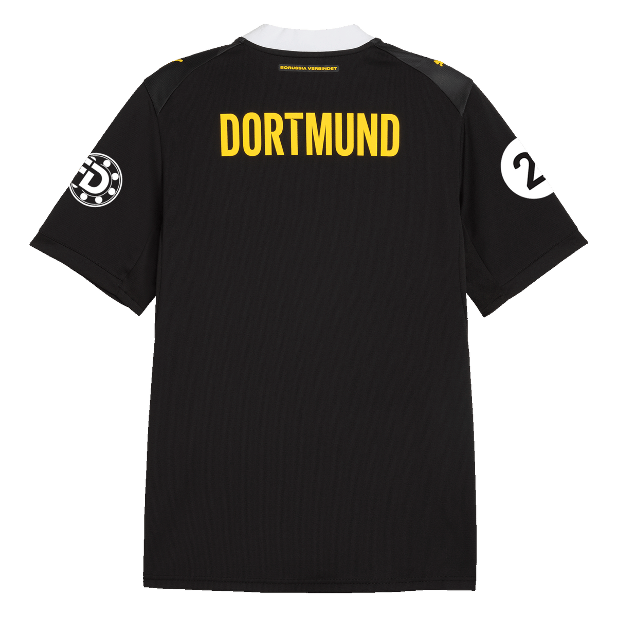Rear view of the black-and-yellow BVB women's soccer away jersey for the 26-27 season, featuring "DORTMUND" lettering on the back and distinctive club details.