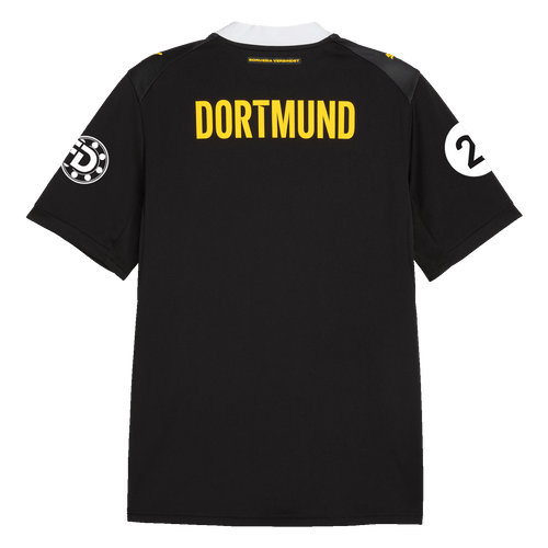 Vue arrière du maillot noir et jaune du BVB pour les matchs à l'extérieur de la saison 26-27 dédié au football féminin, avec l'inscription « DORTMUND » dans le dos et les détails caractéristiques du club.