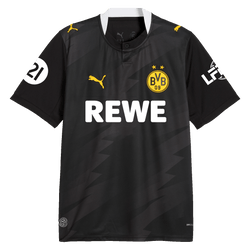 Camiseta negra de visitante del BVB del equipo femenino de fútbol para la temporada 2026/27, con logotipos amarillos de PUMA, el escudo del BVB y el logotipo de REWE en el pecho, vista frontal.