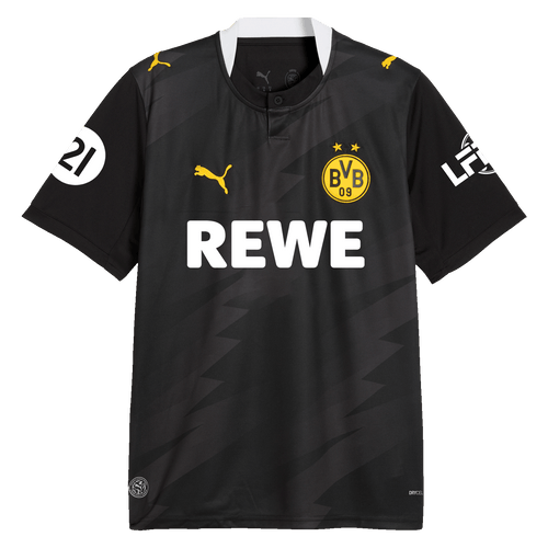 Maillot noir extérieur de l'équipe féminine de football du BVB pour la saison 2026/27, avec des logos PUMA jaunes, l'écusson du BVB et le logo REWE sur la poitrine, vue de face.
