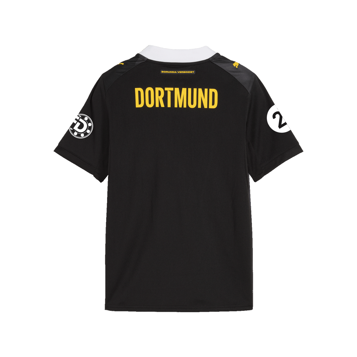 Das Bild zeigt die Rückansicht des schwarzgelben BVB 26-27 Auswärtstrikots für Kinder im Frauenfußball mit DORTMUND-Schriftzug und Puma-Logo.