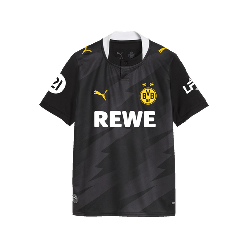 Maillot extérieur du BVB pour la saison 2026/27, noir et jaune, pour enfants, avec le logo PUMA, l'emblème du BVB et l'inscription « REWE » sur le devant.