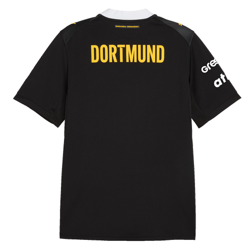 Vue arrière du maillot extérieur noir et jaune du BVB pour la saison de handball 2026/2027, avec un numéro de dos jaune et l'inscription « Dortmund ».