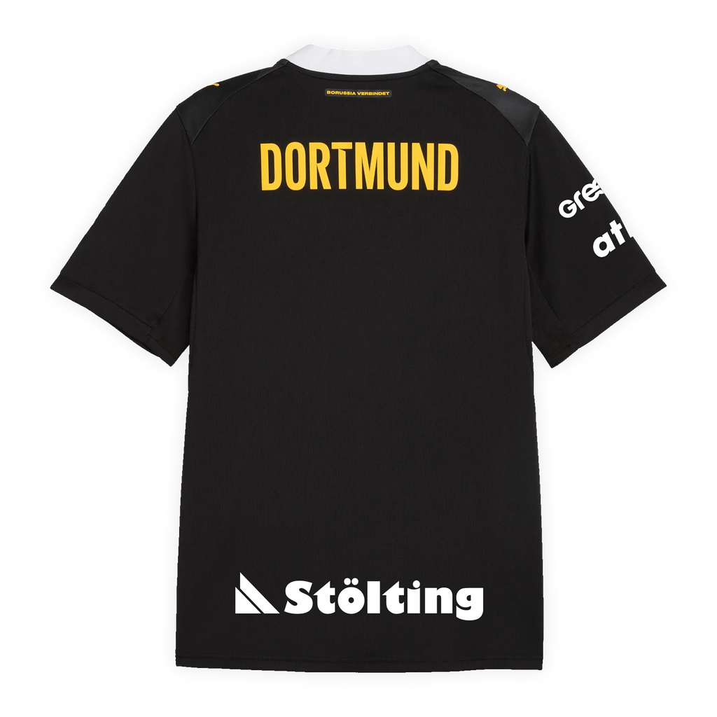 The back view of the black-and-yellow BVB away jersey for the 2026–2027 handball season, featuring a yellow jersey number and the word "Dortmund."