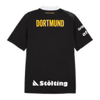 The back view of the black-and-yellow BVB away jersey for the 2026–2027 handball season, featuring a yellow jersey number and the word "Dortmund."