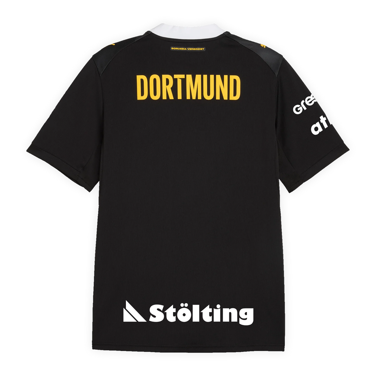 2026/2027赛季手球联赛中，多特蒙德（BVB）黑黄配色客场球衣的背面视图，球衣背面印有黄色号码及“多特蒙德”字样。