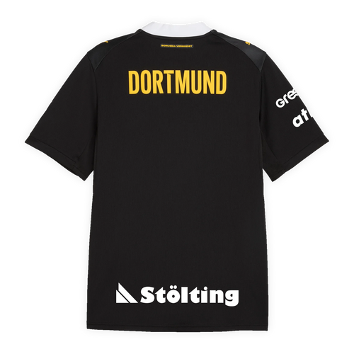 Die Rückansicht des schwarzgelben BVB-Auswärtstrikots für die Handballsaison 2026/2027 mit gelber Rückennummer und Aufschrift 'Dortmund'.