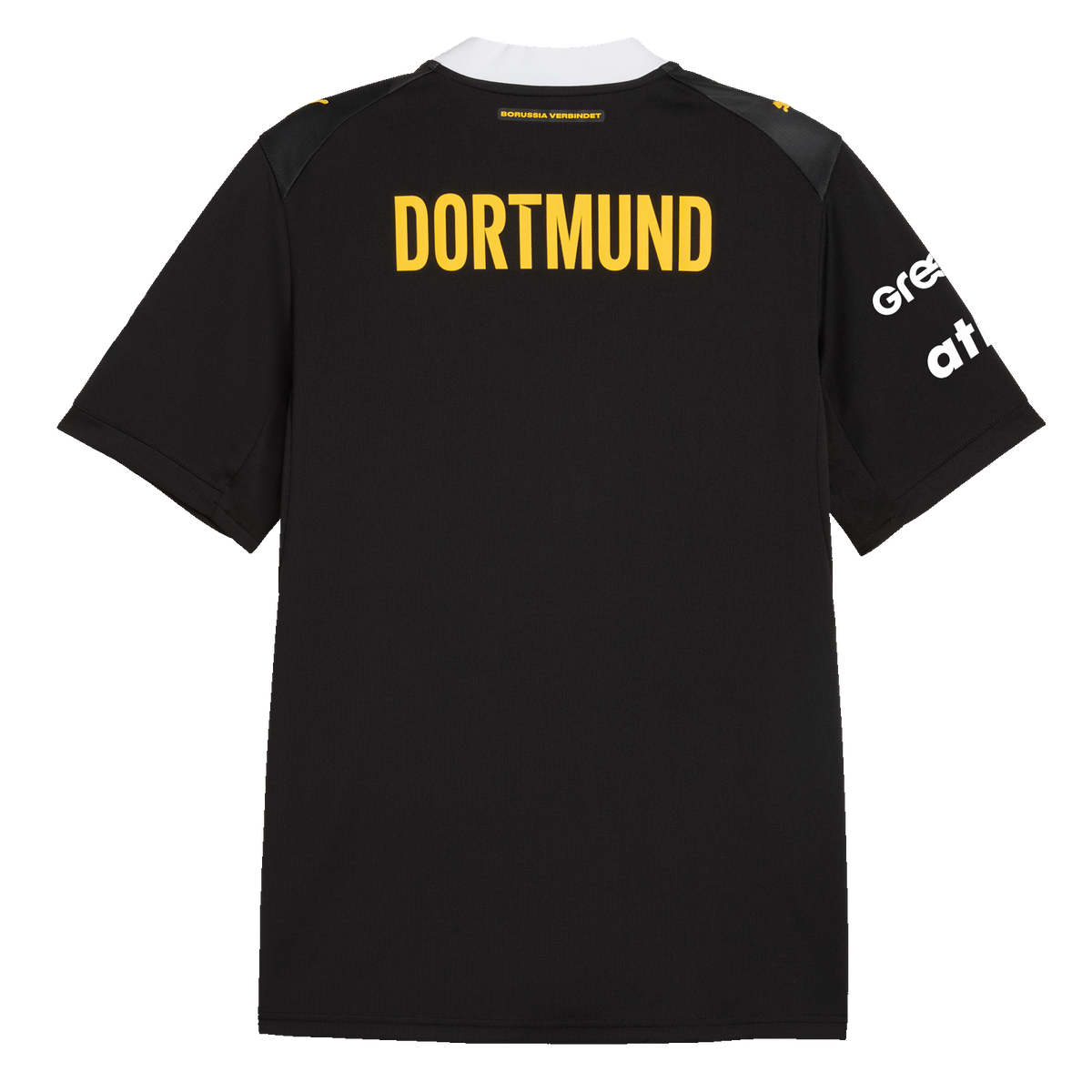 Die Rückansicht des schwarzgelben BVB-Auswärtstrikots für die Handballsaison 2026/2027 mit gelber Rückennummer und Aufschrift 'Dortmund'.