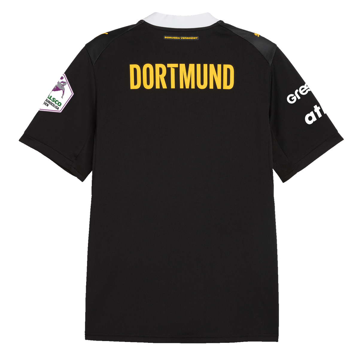 Vista posteriore della maglia da trasferta del BVB, nei colori nero e giallo, per la stagione di pallamano 2026-2027, con la scritta “DORTMUND” in giallo, i loghi degli sponsor in bianco e il fondo nero.