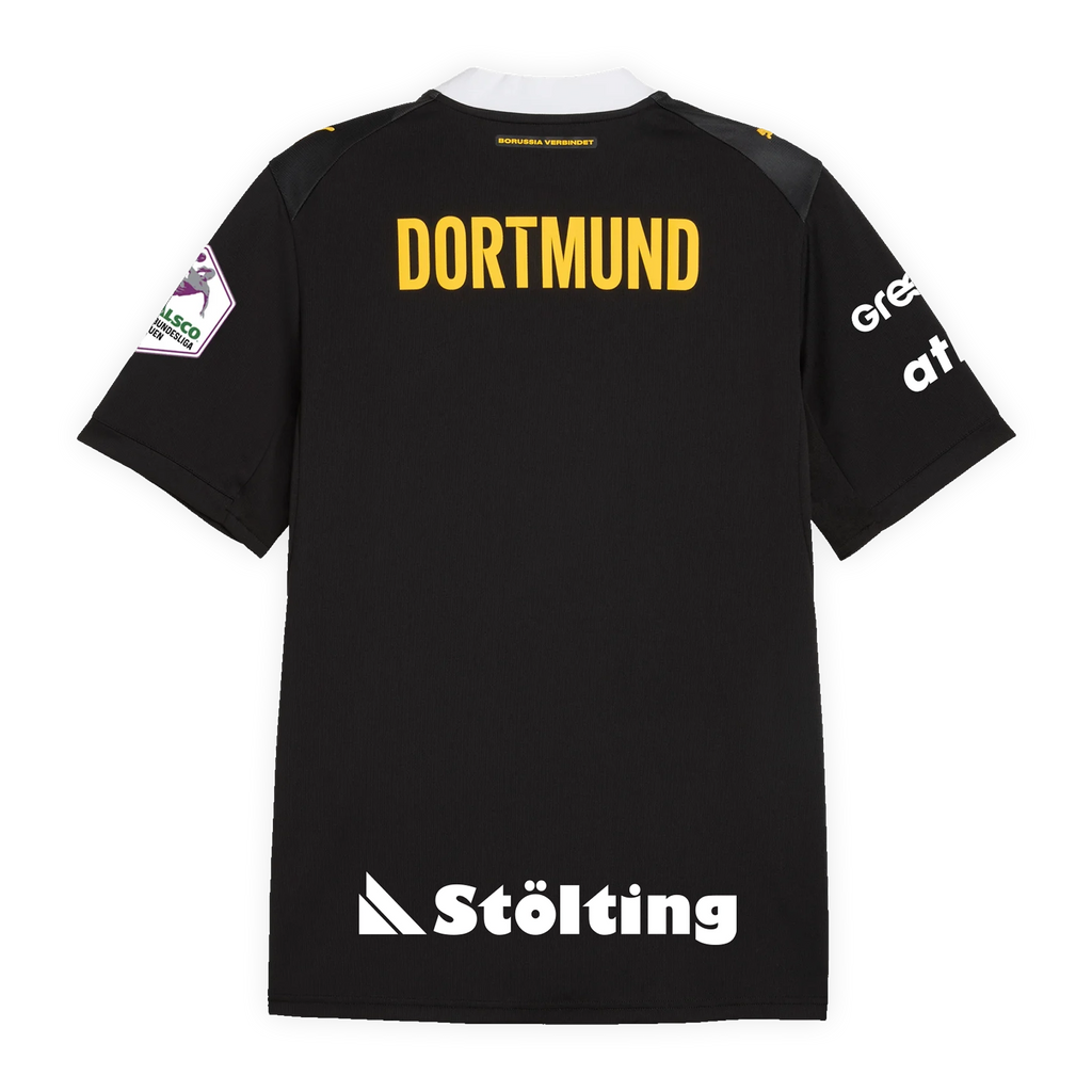 Rear view of the black-and-yellow BVB away jersey for the 2026–2027 handball season, featuring yellow "DORTMUND" lettering, white sponsor logos, and a black background.