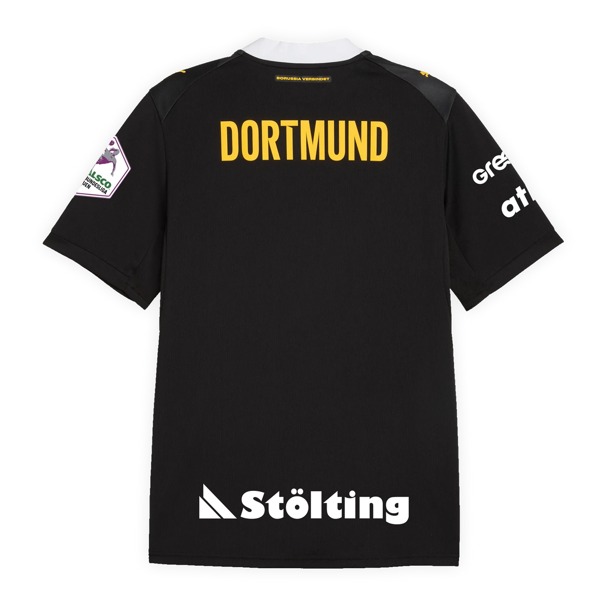 Rear view of the black-and-yellow BVB away jersey for the 2026–2027 handball season, featuring yellow "DORTMUND" lettering, white sponsor logos, and a black background.
