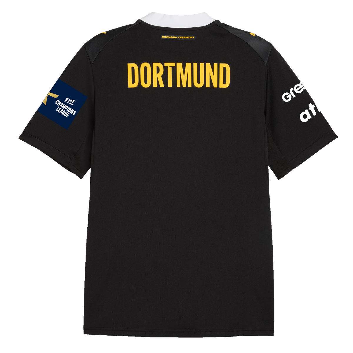 Vista posteriore della maglia da trasferta del BVB per la stagione 26-27, di colore nero con la scritta “DORTMUND” in giallo, il logo della EHF Champions League e i loghi degli sponsor sulle maniche.