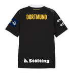 Rear view of the BVB 26-27 away jersey in black with yellow "DORTMUND" lettering, the EHF Champions League logo, and sponsor logos on the sleeves.