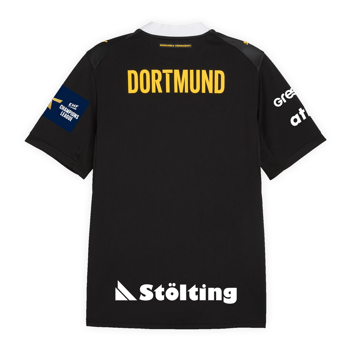 Rear view of the BVB 26-27 away jersey in black with yellow "DORTMUND" lettering, the EHF Champions League logo, and sponsor logos on the sleeves.