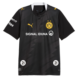 Schwarzes BVB-Auswärtstrikot der Handball-Saison 2026/27 mit gelbem BVB-Emblem, Puma-Logo und SIGNAL IDUNA-Logo auf der Vorderseite.