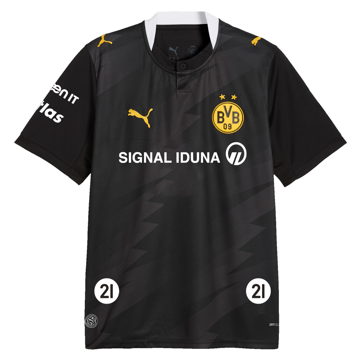 Schwarzes BVB-Auswärtstrikot der Handball-Saison 2026/27 mit gelbem BVB-Emblem, Puma-Logo und SIGNAL IDUNA-Logo auf der Vorderseite.