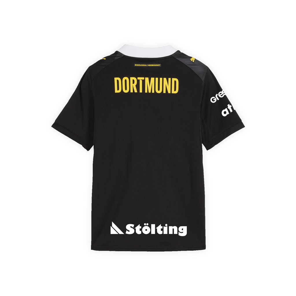 Das BVB-Auswärtstrikot 26/27 für Kinder in schwarz mit gelbem Dortmund-Schriftzug auf der Rückseite und weißen Sponsorenlogos, geeignet für Handballfans.